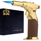 Dual Flame Butane Torch Gun - Refillable Luxury Hand Held Mini Blow Torch for Cooking, Creme Brulee, Soldering, Welding, & Resin Art - Adjustable Flame with Ignition Lock - Gold Brown by inZaynity®