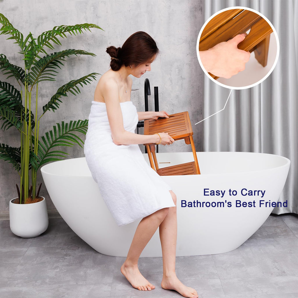 14" Compact Teak Shower Stool with Shelf & Handle - Waterproof, Non-Slip Bath Bench for Small Bathrooms/Tub/Outdoor Use, 300 lbs Capacity (Patented)