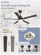 ZMISHIBO 52 inch Bronze Ceiling Fans with Lights and Remote, Indoor/Outdoor Farmhouse Ceiling Fan for Bedroom Living Room Patio, 6 Speed Reversible Quiet DC Motor, 3 CCT, Dual Finish Blades