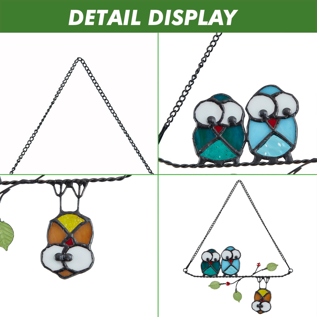 Rswardeleco Stained Glass Birds Window Hanging, Owl Suncatcher Decor