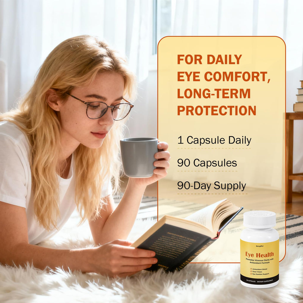 Besgiful Eye Supplement for Vitreous Health, Promotes Clear Vision, Improves Eye Strain & Dryness, Reduces Squiggly Lines, Eye Degeneration, Clear Eye Support, 90 Vegan Capsules