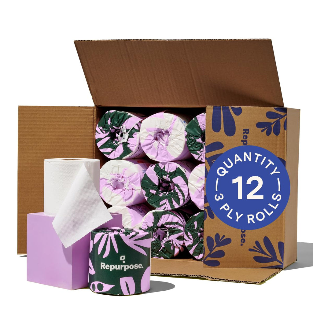 Repurpose 100% Bamboo Toilet Paper, 3-Ply, Tree-Free, Plastic-Free, FSC Certified, Septic Safe, Fast Dissolving, RV-Friendly, 12 Rolls (300 Sheets/Roll), No Fragrance/Dyes