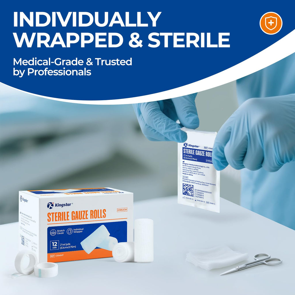 Kingstar Sterile Stretch Gauze Rolls, Bulk 120 Pack 2in x 4.1 Yards
