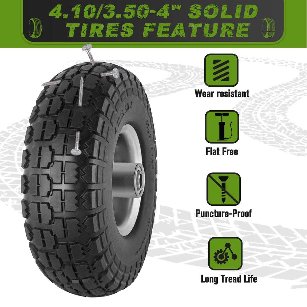 4 Pcs 4.10/3.50-4" Tire and Wheel Flat Free, 10 Inch Solid Rubber Tires with 5/8" Axle Bore Hole, 2.2" Offset Hub for Hand Truck, Wheelbarrow, Gorilla Cart, Garden Wagon Cart, Dolly, Utility Cart