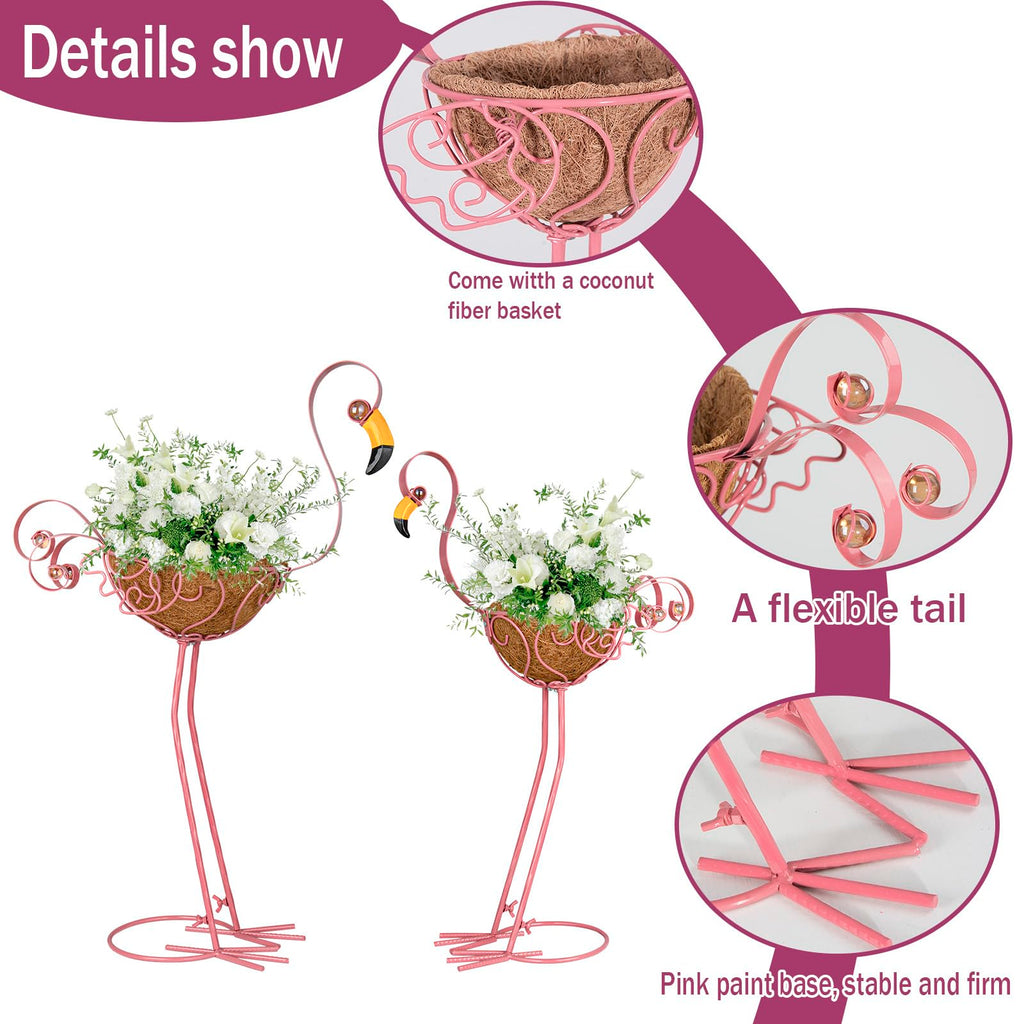 SUNREEK Set of 2 Pink Flamingo Outdoor Planters with Basket, Metal Flamingo Planter for Indoor Outdoor Garden Yard Decor (Flamingo-Planter)