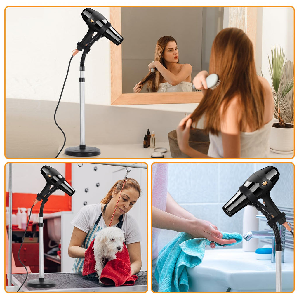 Erytlly Hair Dryer Stand Hands-Free Adjustable 360-Degree Rotating Blow Dryer Stand Hands-Free Metal Hair Dryer Holder Stand for Bathroom, Vanity, Makeup Room New Model Equipped with Two Collets