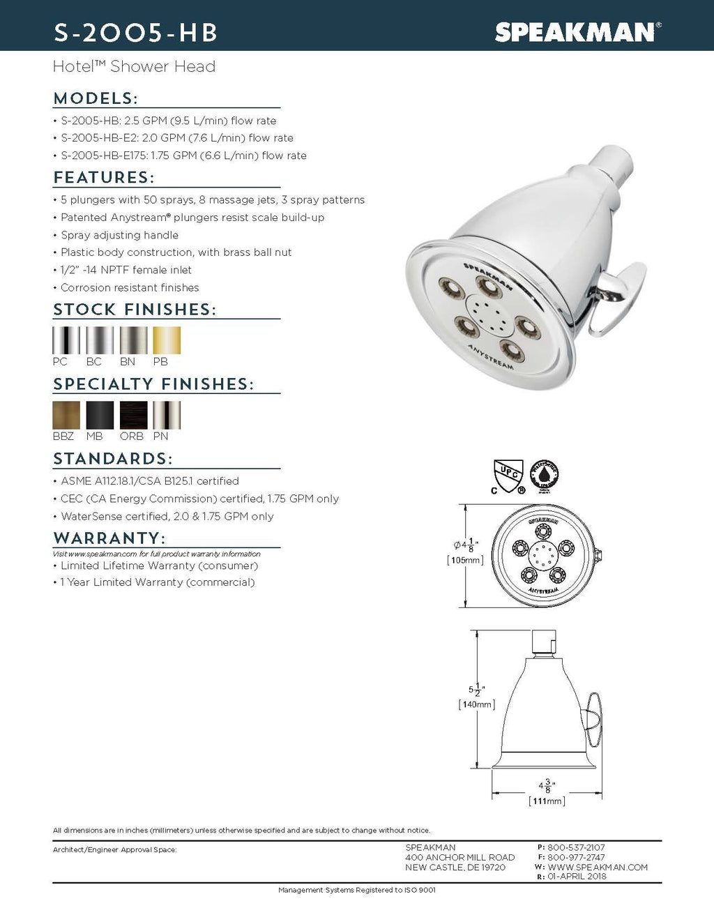 Speakman, Brushed Nickel S-2005-HB-BN-E2 Hotel Anystream Multi-Function 2.0 GPM Adjustable Shower Head