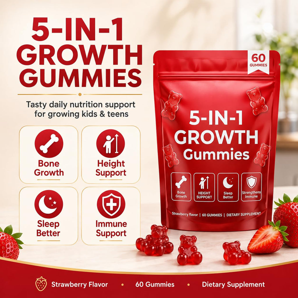 BERSEG 5-in-1 Growth Gummies, Supports Natural Height & Bone Development with Essential Amino Acids & D3, K2, Delicious Strawberry Flavor, 60-Count