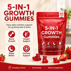 BERSEG 5-in-1 Growth Gummies, Supports Natural Height & Bone Development with Essential Amino Acids & D3, K2, Delicious Strawberry Flavor, 60-Count