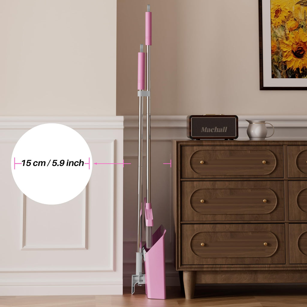 JOYMOOP Pink Broom and Dustpan Set with 56” Handle, Upright Angle with Built-in Comb Teeth for Hardwood Floors and Pet Hair