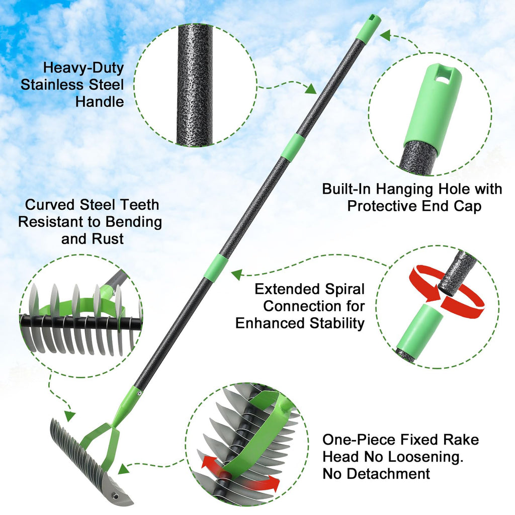 Heavy Duty Thatch Rake, 13" Dual-Sided, 21 Carbon Steel Tines, 70" Handle
