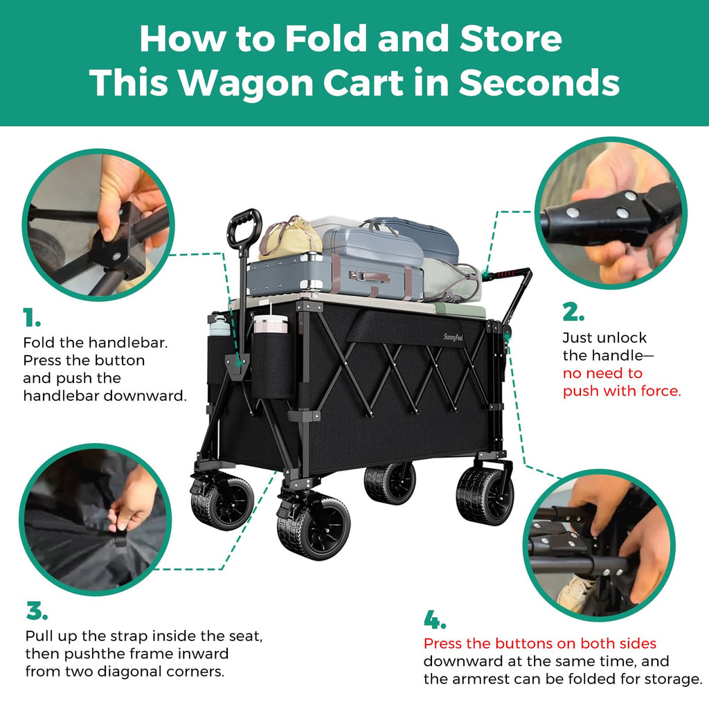 SUNNYFEEL 550LBS Push Pull Foldable Wagon with Tailgate & Big Wheels