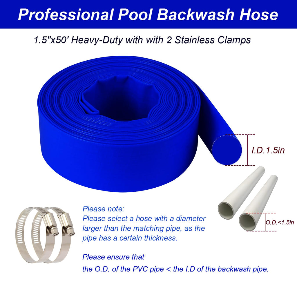 NetLea Heavy-Duty Pool Backwash Hose,1-1/2-inchx50 ft Reinforced Leak Proof Design with 2 Stainless Steel Clamps 1.5Inch, Weather Resistant, Bursting, Ideal for Pool Backwash, Sump Pump Drainage