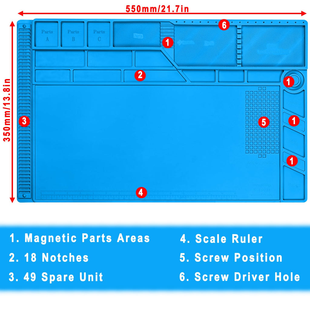 Premium Heat Resistant 932°F Silicone Soldering Mat, Large Anti Static Magnetic Electronic Repair Work Mat for BGA and Gun Soldering Iron, Workbench, Cell Phone Laptop Repair, 21.6'' *13.8 ''