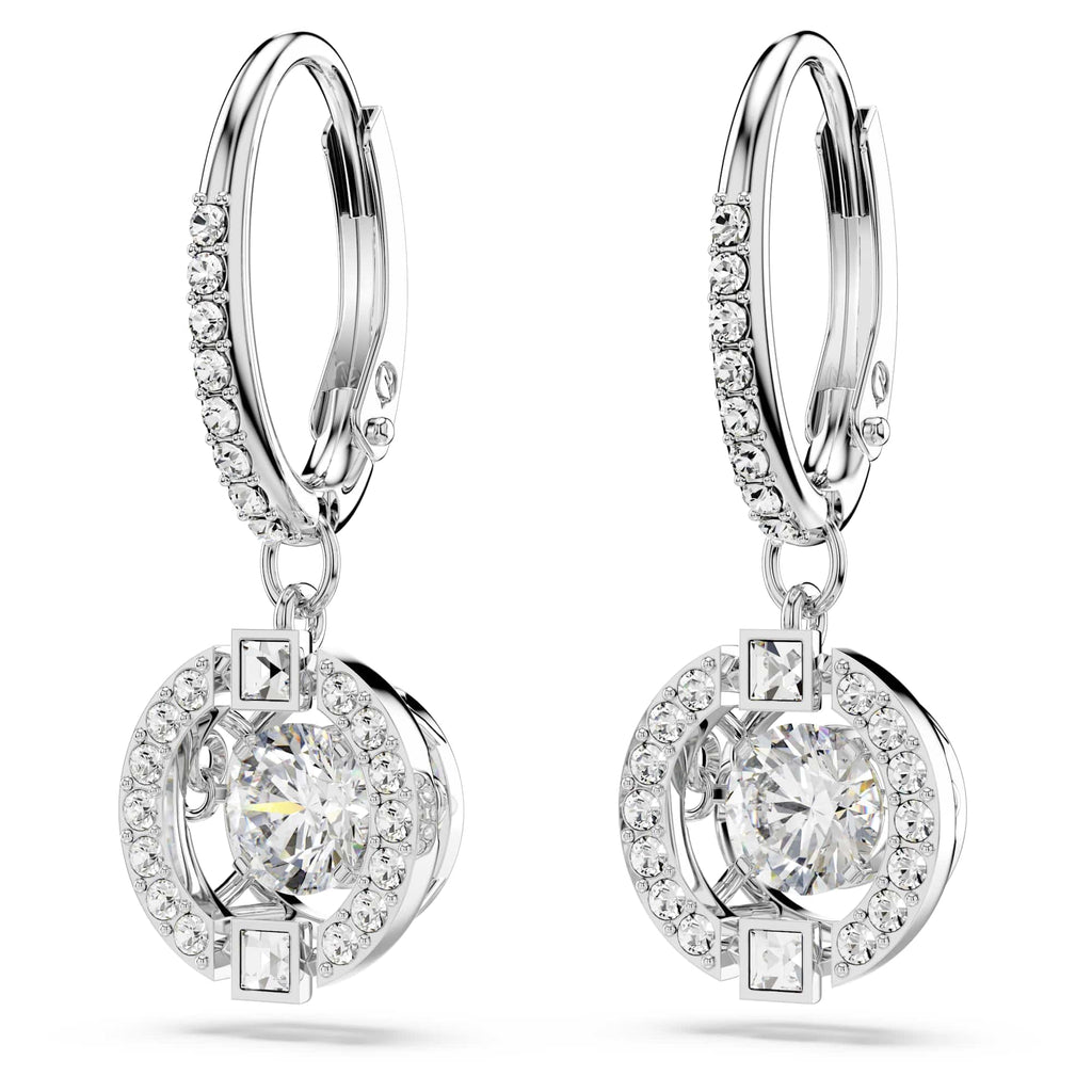 Swarovski Una Drop Pierced Earrings with Crystal Pavé Surrounding a Round, White Floating Stone on a Rhodium Finished Setting