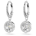 Swarovski Una Drop Pierced Earrings with Crystal Pavé Surrounding a Round, White Floating Stone on a Rhodium Finished Setting