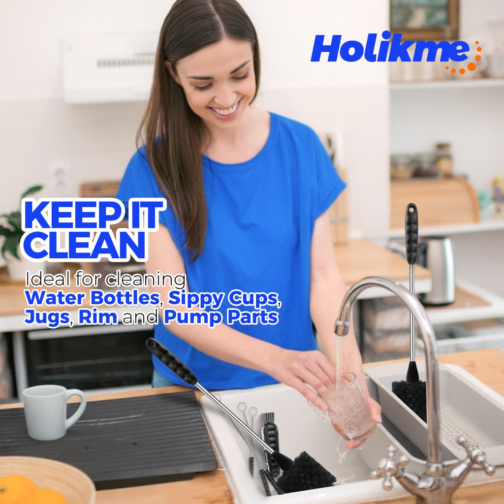 Holikme 6 Pack Bottle Brush 14" Stainless Steel Straw Cleaner Brush,Black