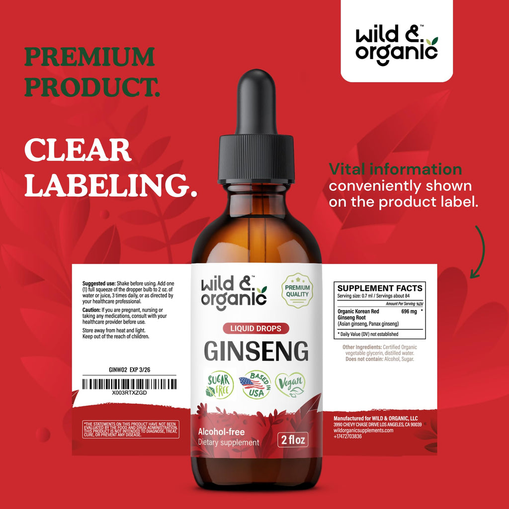 Wild & Organic Korean Red Ginseng Extract Drops - Panax Ginseng Supplement for Immune Support - Liquid Root Tincture for Overall Well-Being - Vegan, Sugar & Alcohol-Free - 2 fl oz
