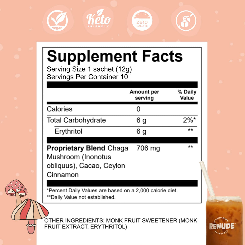 Renude Chagaccino - Chaga Mushroom Powder, Mushroom Coffee Drink Mix with Adaptogens, Natural Energy and Immune Support, Vegan, Keto, Zero Calorie Mushroom Blend Powder - 10 Servings