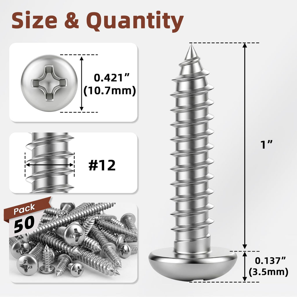 Mellewell #12 x 1 Pan Head Self Tapping Screw, Pan Head Sheet Metal Screws Wood Screws, Stainless Steel 304 (18-8), 50 Pack