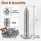 Mellewell #12 x 1 Pan Head Self Tapping Screw, Pan Head Sheet Metal Screws Wood Screws, Stainless Steel 304 (18-8), 50 Pack