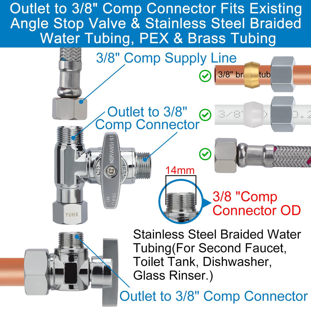 YUHX Brass Angle Stop Add-A-Tee Valve, 3/8 Inch Compression Outlet Easy Connect 3 Way Diverter 3/8"x3/8"x1/4" or3/8"Ice Maker RO System T