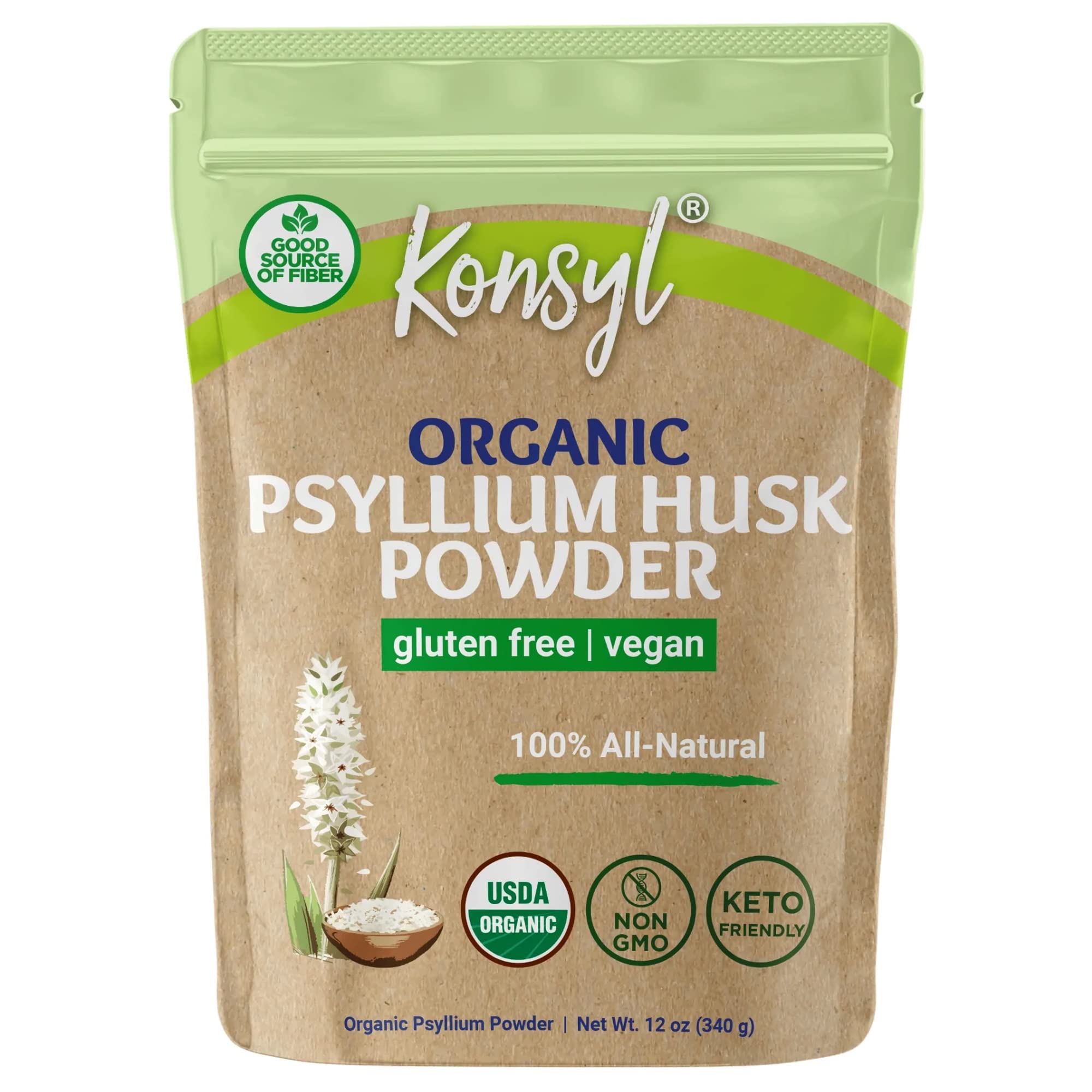 Konsyl Organic Psyllium Husk Powder - Perfect for Vegan Baking - USDA Certified Fiber Supplement Powder - All Natural, Gluten-Free, Sugar-Free, Unflavored