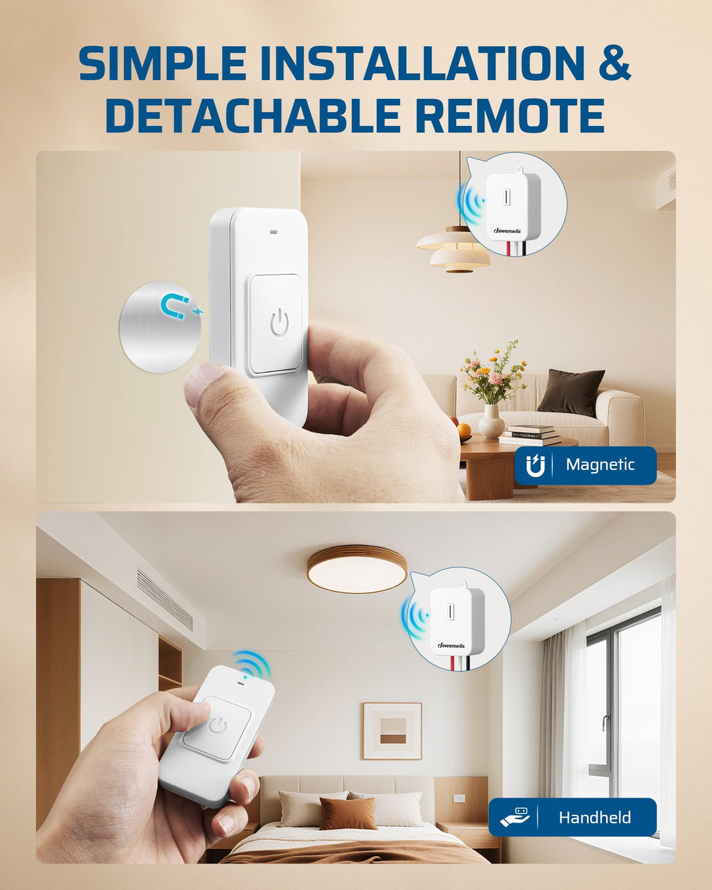 DEWENWILS Wireless Light Switch and Receiver Kit, 15A/1875W High Power, No Wiring, Magnetic Remote Control, 100FT Range, Programmable, for Ceiling Lights, Fans, Lamps