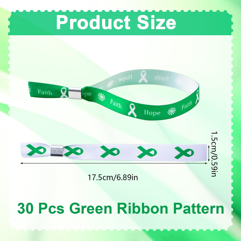 WANDIC Green Ribbon Bracelets, 30 Pcs 5 Styles Mental Health Liver Cancer Awareness Wristbands Adjustable Polyester Wrist Strap Hope Wrist Bands for Public Event, 6.89*0.59in, Polyester, no gemstone