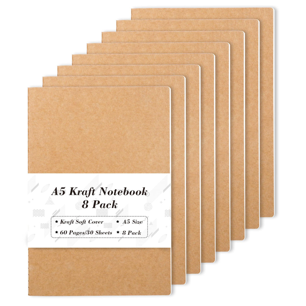 feela 8 Pack A5 Kraft Notebooks, 60 Lined Blank Pages Travel Journal Bulk, Soft Cover Notebooks for Women Girls Students, Making Plans Writing Memos Office School Supplies, 8.3 X 5.5 in