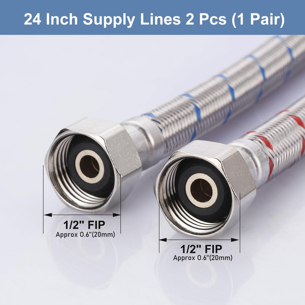 ARCORA 24-Inch Line Connects Kitchen Sink to Water Supply, Braided Stainless Steel cUPC Supply Lines 1/2 Inch FIP x 1/2 Inch FIP Sink Hose Attachment for Faucet 1 Pair