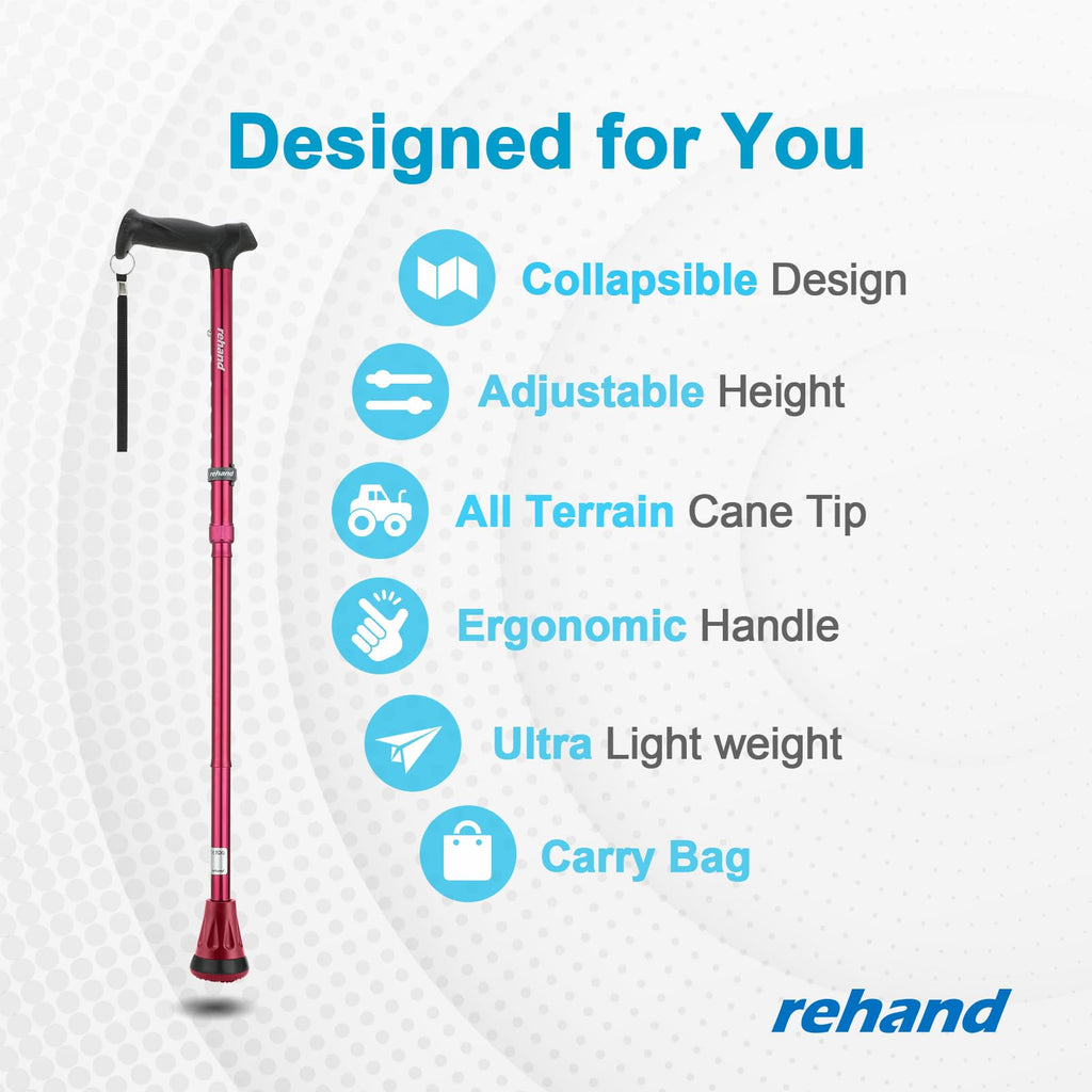 REHAND Walking Cane - Foldable, Adjustable, Collapsible Walking Canes for Men & Women, Heavy Duty All Terrain Tip, with Travel Bag | Walking Sticks for Seniors & Adults [Passion Red]