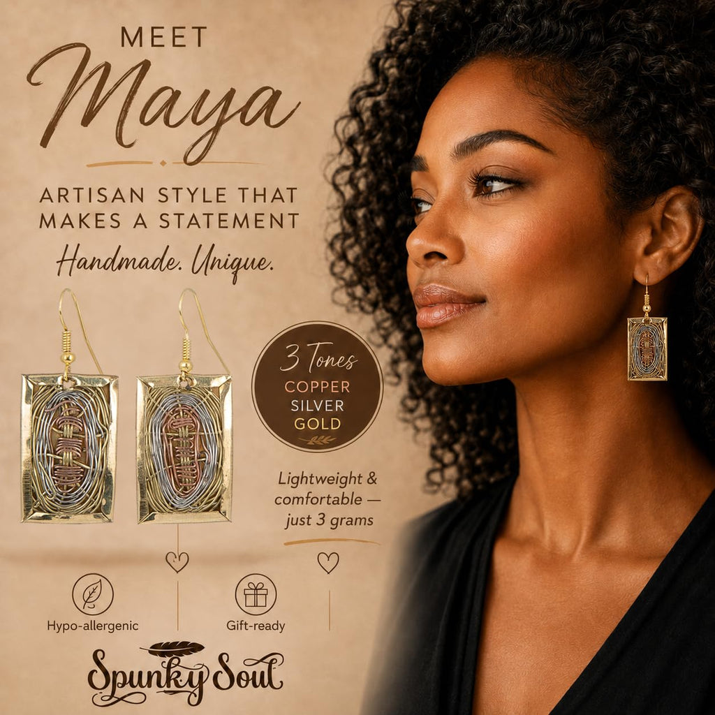 SPUNKYsoul Maya Mixed Metal Basket Weave Rectangle Dangle Earrings for Women, Lightweight Handmade Artisan Boho Statement Earrings, Copper Silver Gold Tone Jewelry Gift