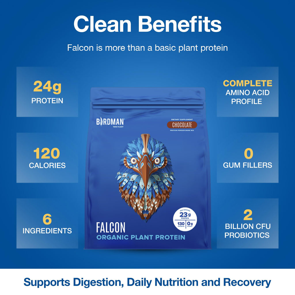 BIRDMAN Falcon Vegan Protein Powder Organic, Stevia & Sugar Free, Plant Based Protein, Low Carb, Dairy Free, Keto, Non Whey Protein, Probiotic, Pea Protein | Chocolate Flavor - 60 Servings - 3.9lb