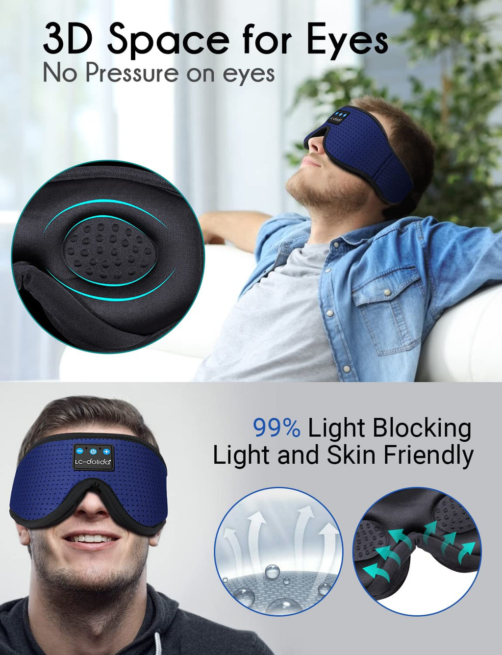 LC-dolida Sleep Headphones, Sleep Mask Bluetooth Wireless Music Eye Mask, Sleeping Headphones for Side Sleepers Sleep Mask with Bluetooth Headphones Ultra-Thin Stereo Speakers Perfect for Sleeping