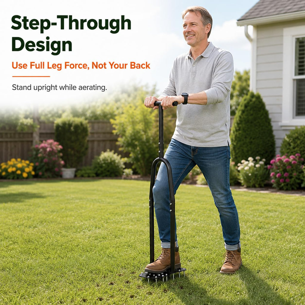 eWonLife Lawn Aerator Tool with Step-Through Pedal, 15-Spike Manual Aerator