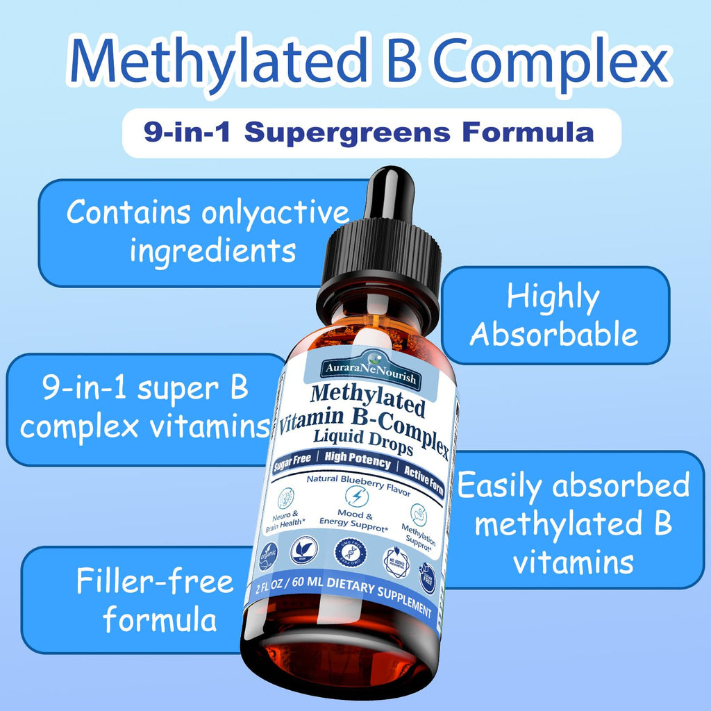 2 Packs Methylated B Complex Vitamins w. L-5-MTHF Folate, Vitamins B2 B6 & B12 for Men & Women, Complete 9-in-1 Methyl B Supplement for Energy Support, Mood & Nerve Health Vegan Gluten Free