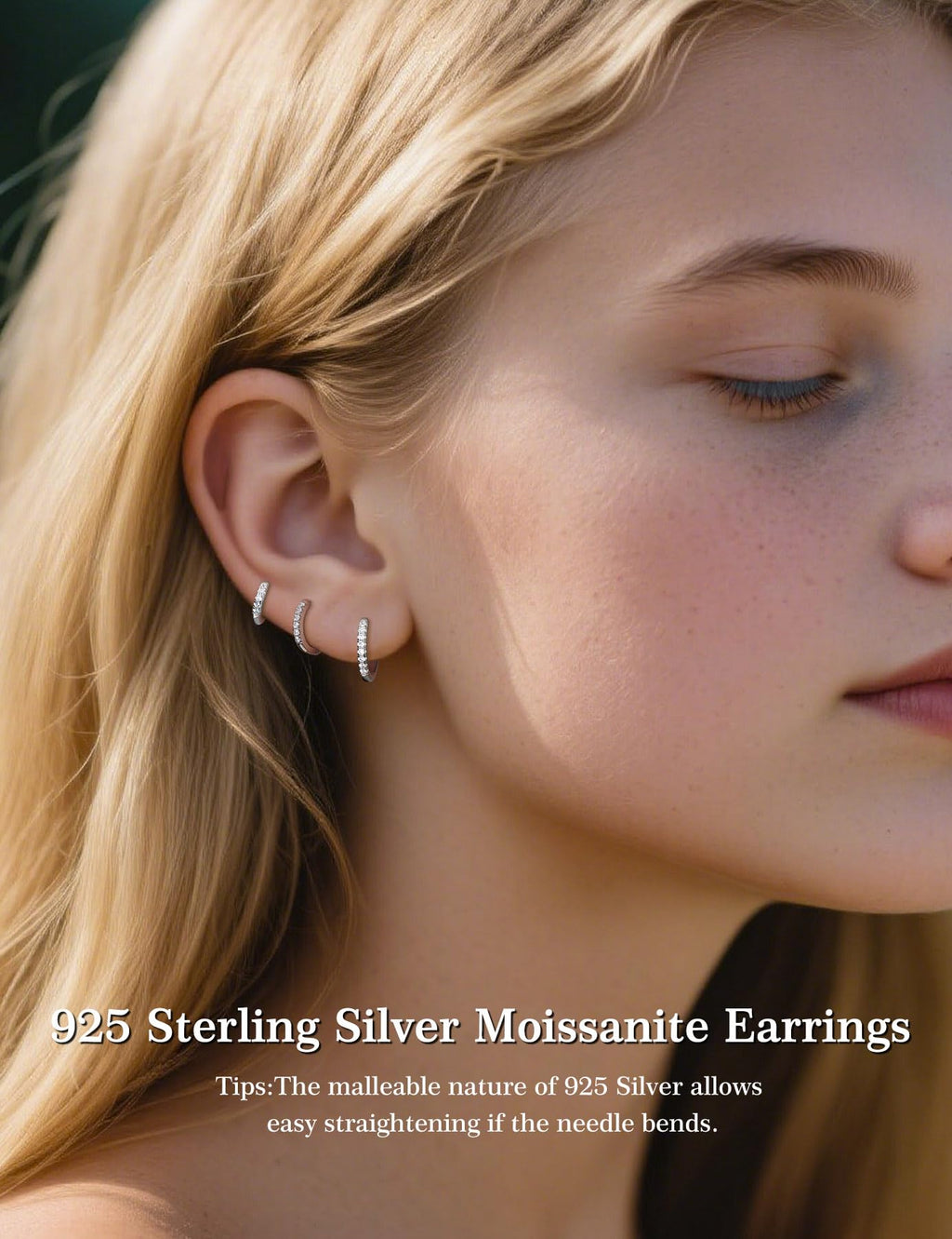 3 Pairs 925 Sterling Silver Moissanite Huggie Earrings for Women Men, Small Hoop Hypoallergenic Cartilage Earrings, Gifts Jewelry Set (18K White Gold)