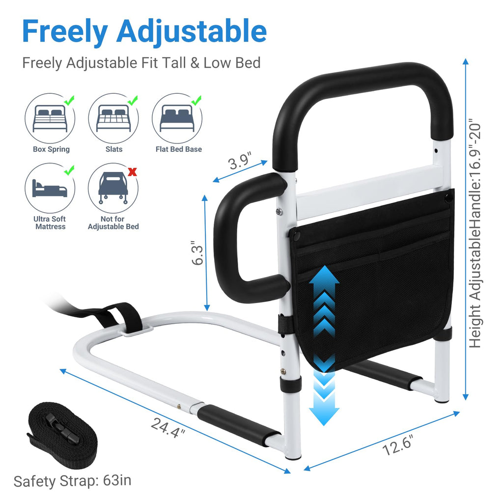 Klvied Bed Rails for Elderly Adults Safety, Adjustable Bed Side Rails with Side Handle, Bed Cane with Storage Bag, Fit King, Queen, Full, Twin,Medium