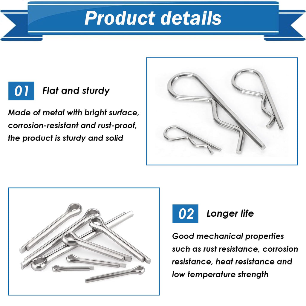 Eoppen 220Pcs Cotter Pins Assortment Kit 304 Stainless Steel 13 Sizes Cotter Pins & R Clips Cotter Pin Set for Hitch Pin Lock Systems