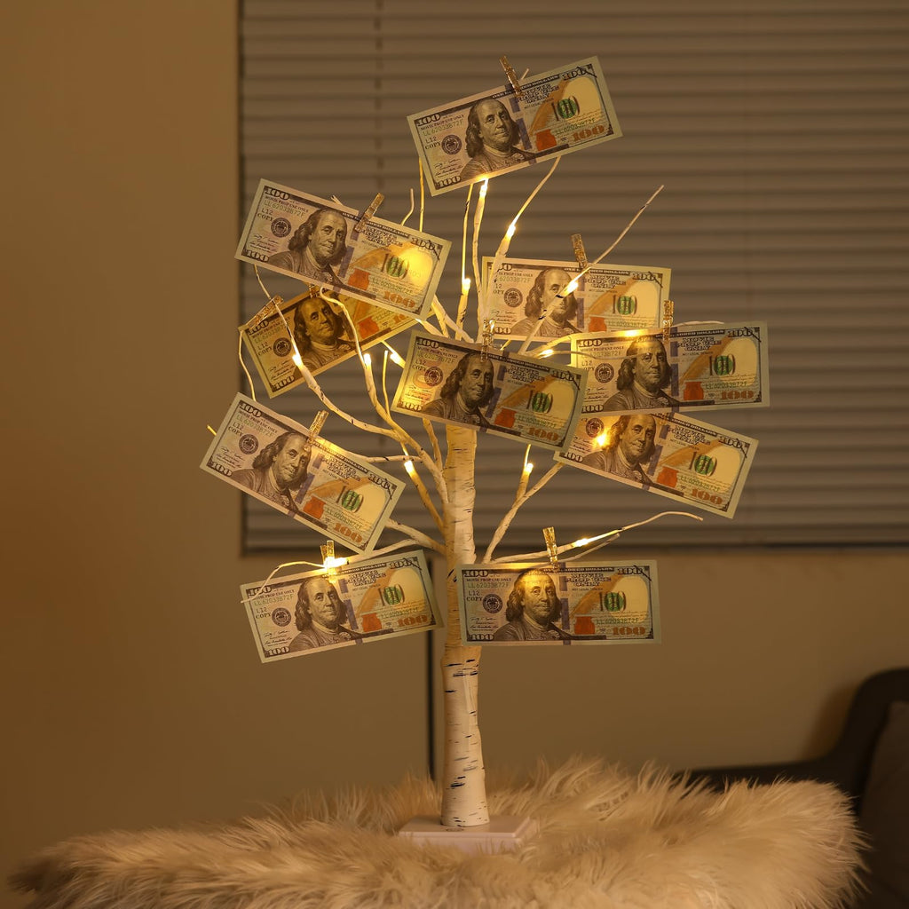 Money Tree Gift Card Holder 24 LED Birch Tree Lamp Battery/USB Powered