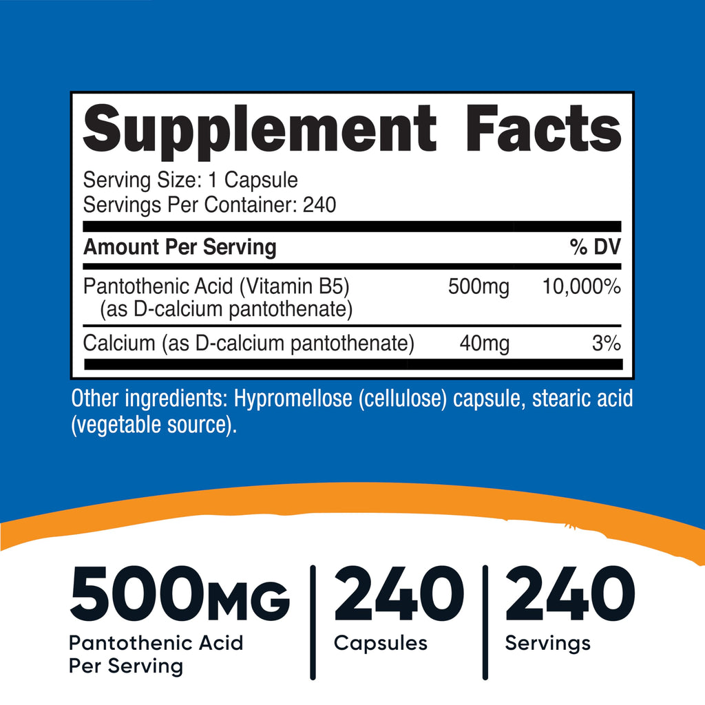 Nutricost Pantothenic Acid (Vitamin B5) 500mg, 240 Capsules (3 Bottles)