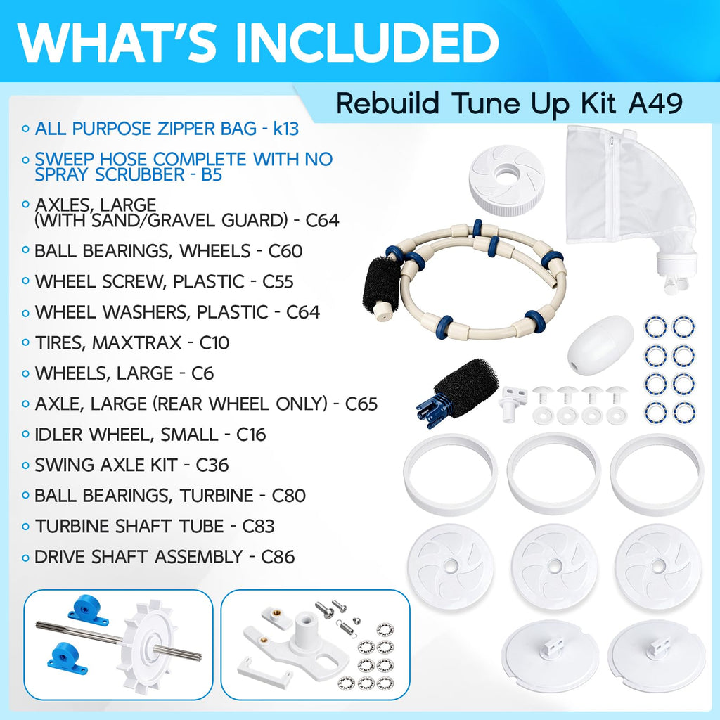Upgraded Pool Cleaner Rebuild Repair Replacement Fit for Polaris Zo-diac Automatic 280 TR28P with Wheel, Tire, Drive Shaft, Turbine Bearing, All Purpoe Bag, Sweep Hose, Wheel Bearing, Tailsweep Pro