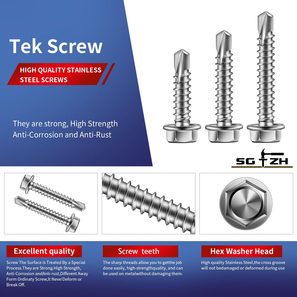 SG TZH #8 x 1/2" Self Drilling Screws (1212Pcs) 4lbs Hex Washer Head 410 Stainless Steel Self Tapping Screws for Metal Sheet Metal Screws with Hex Socket Included