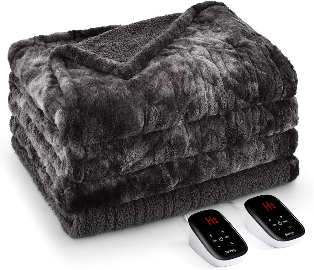Bearhug Electric Blanket King Size 100"x 90", Dual Controllers Heated Blanket, Reversible Faux Fur & Sherpa, Over-Heat Protect, 10 Heating Levels, ETL, Machine Washable