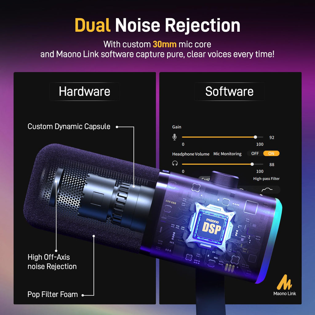 MAONO XLR/USB Gaming Microphone for PC, Dynamic Computer Mic for Streaming Podcasting, Noise Reduction, Mute, Volume Control, RGB Boom Mic for Vocal Recording,Voice-Over, PD100XS Black