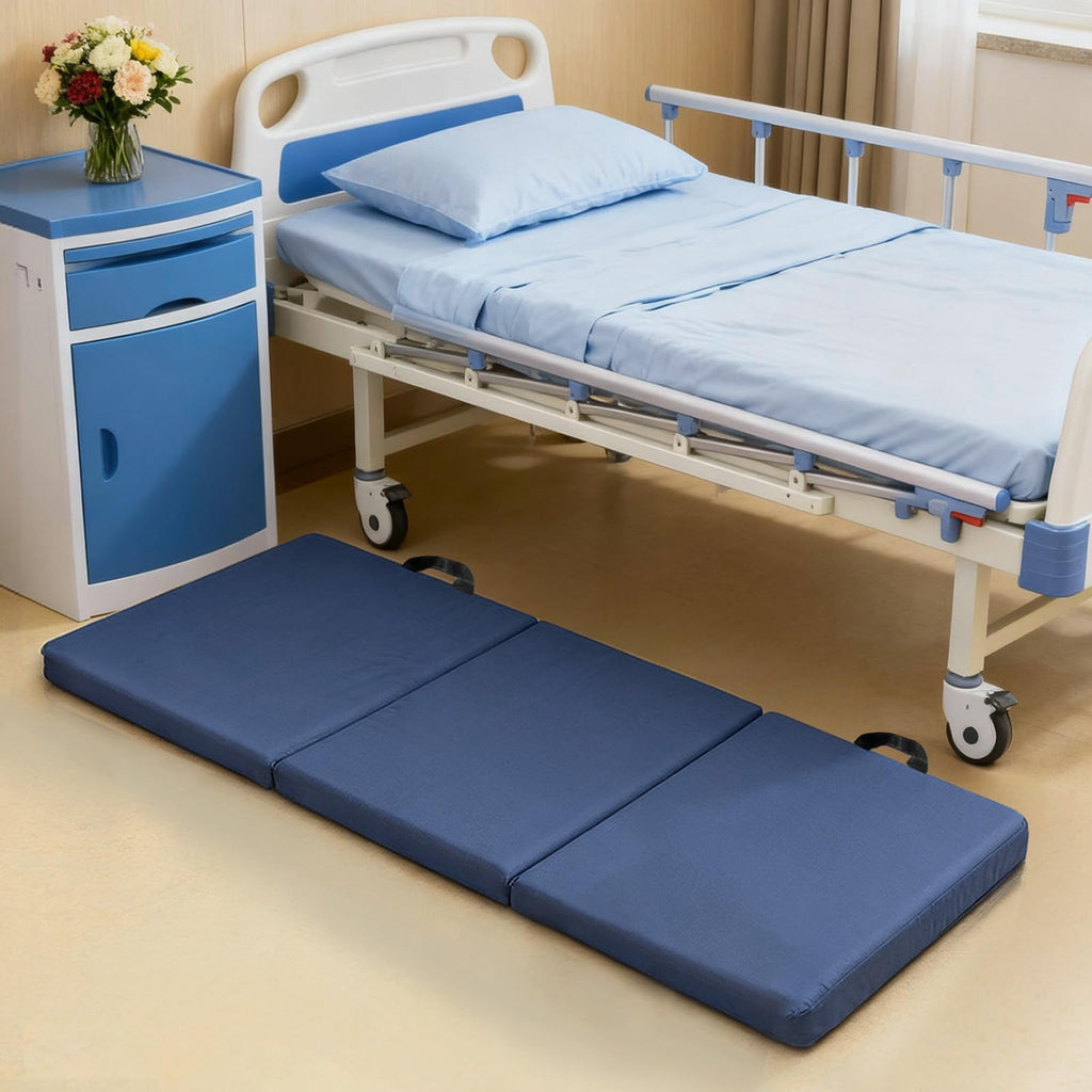 JZHLLA Foldable Fall Protection Mat for Elderly Blue Waterproof Non Slip Floor Mats with High-Resilience Foam 72 * 24 * 2 Inch Bedside Floor Mats for Elderly, Handicap, Senior