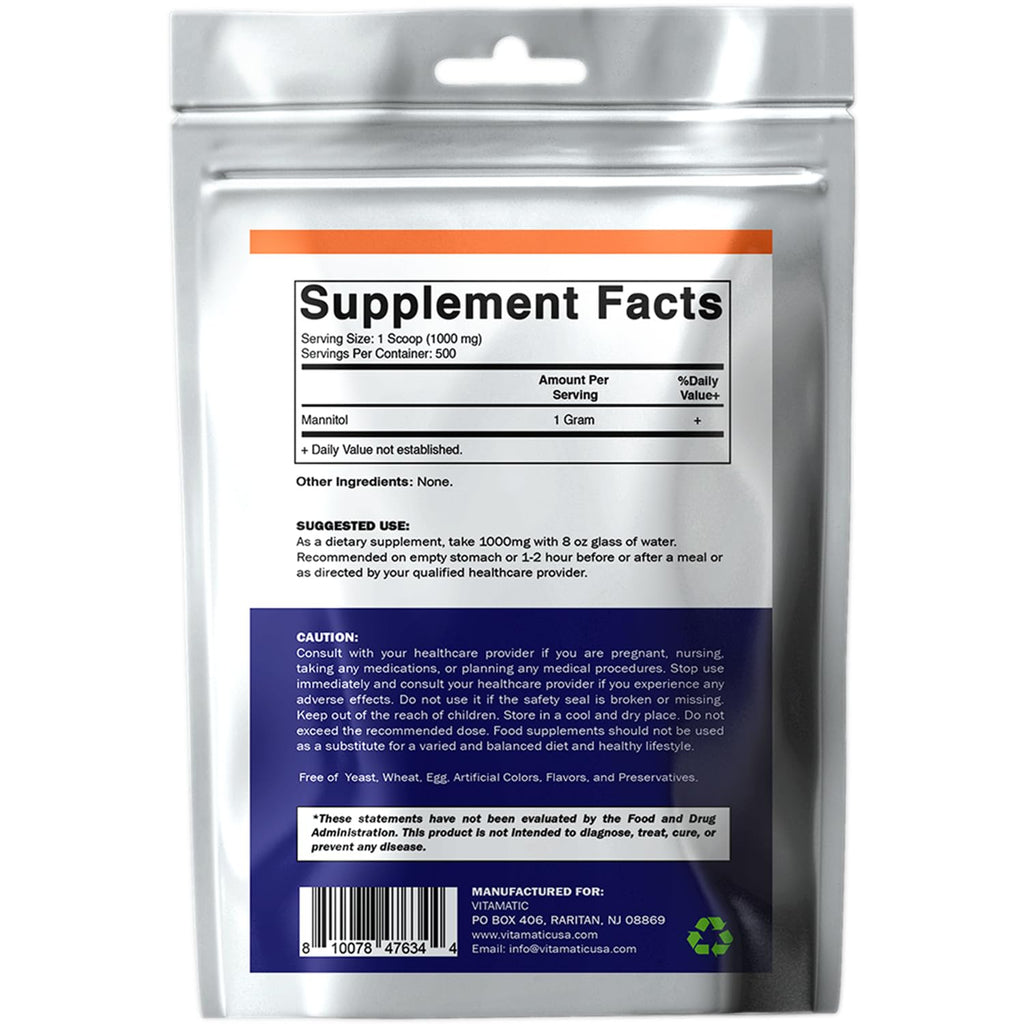 Vitamatic Mannitol Powder - Sweetener, Sugar Substitute, Natural & Gluten Free, 1000 mg per Servings, 500 Servings, 500 Gram