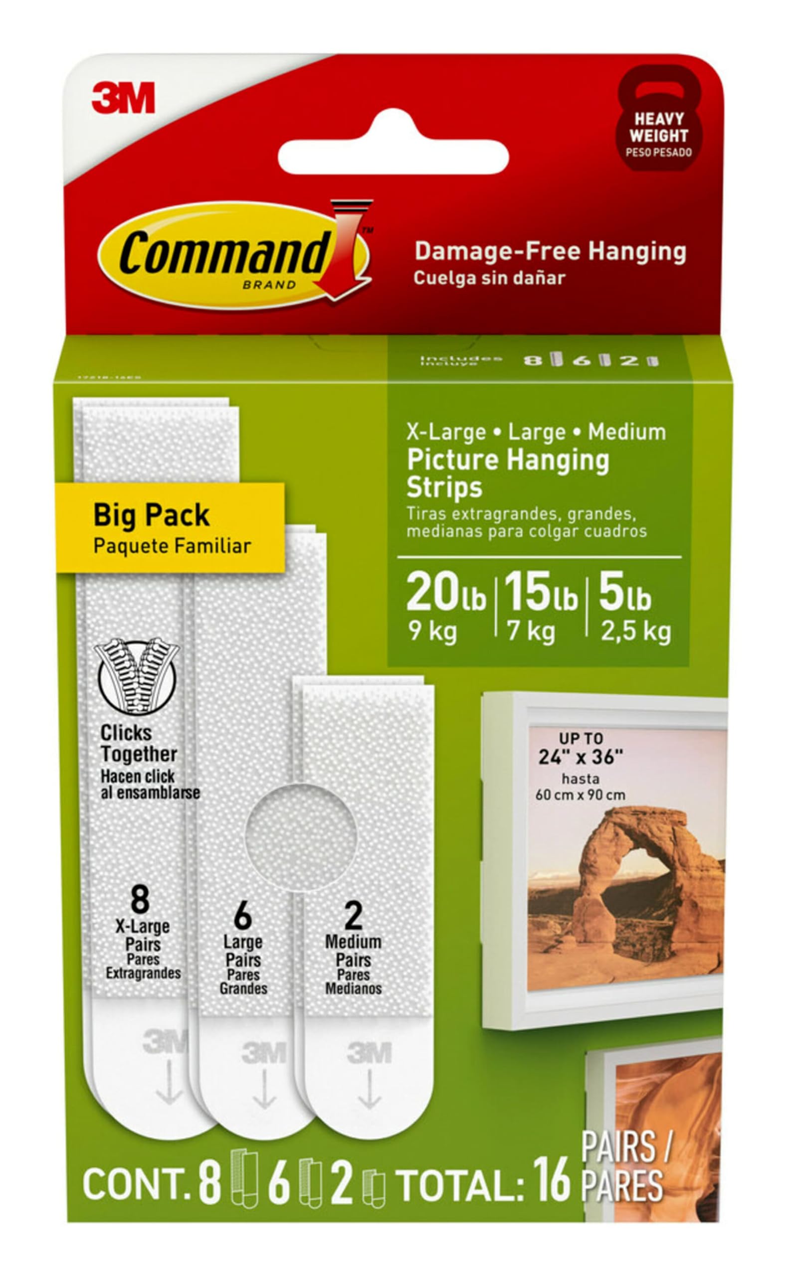 Command 20, 15 & 5 lb Assorted Picture Hanging Strips, 16 Pairs (32 Strips)