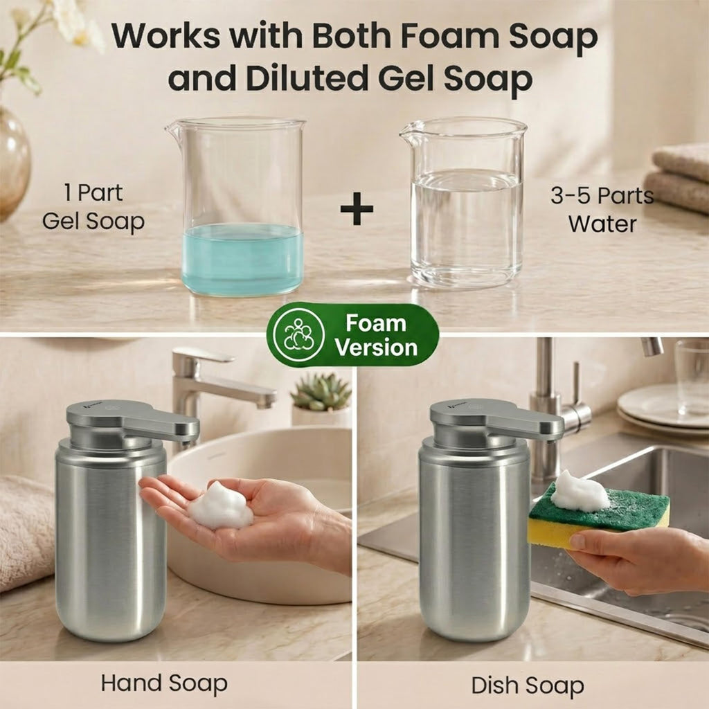 GentleJet WaveJet Automatic Foaming Soap Dispenser Touchless Sensor, USB-C Rechargeable, 304 Stainless Steel, IPX5 Waterproof for Bathroom Kitchen Sink, 12 oz / 350 ml